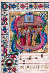 Piccolomini bibliotek: korbok, torsk. 23.8, ff. 100v med «The Pentecost», av Girolamo da Cremona. Detalj.