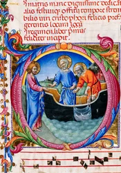 Piccolomini bibliotek: korbok, torsk. 27.11, ff. 1r med "Calling of St. Peter and St. Andrew", av Sano di Pietro. Detalj.