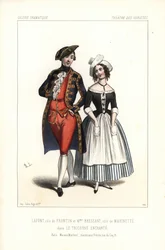Pierre-Cheri Lafont i rollen som Frontin og Madame Bressant eller Augustine Dupont som Marinette i Theophile Gautiers Le Tricorne Enchante, Théâtre des Varietes