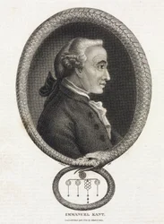Portrett av filosofen Immanuel Kant (1724-1804) i en ramme dannet av en slange som biter seg selv i halen