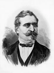 Portrett av Giovanni Prati (1815-1884), italiensk poet og politiker, gravering av Centenari etter fotografi av Michele Schemboche (aktiv ca 1856-1906)