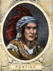 Portrett av Pontiac (eller Obwandiyag, ca. 1714-1769), høvding for indianerstammen Outaouais-indianerne fra Detroit (Ottawa-nasjonen). Fargestikk fra 19. århundre.