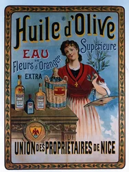 Plakat som reklamerer for olivenolje laget i Nice, Frankrike