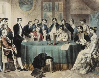 Presentasjon i 1801 av eksperimentene med det elektriske batteriet til den første konsulen Napoleon Bonaparte av Volta (gravering)