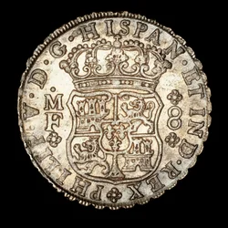 Sjelden sølvmynt, spansk-amerikansk kong Ferdinand VI, 8 Reale, kronet skjold med spansk våpenskjold 1740 (bilde)
