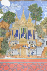 Reamker-fresker som pryder veggene til det kongelige palasskomplekset i Phnom Penh, Kambodsja (bilde)