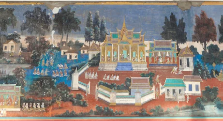 Reamker-fresker som pryder veggene til det kongelige palasskomplekset i Phnom Penh, Kambodsja (bilde)