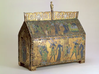Relikvieskrin med scener fra livet til St Valeria, Limoges, ca. 1175 (tre, forgylt kobber og champleve-emalje)