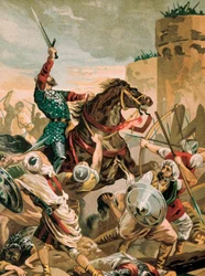 Representasjon av Cid, Rodrigo Diaz de Vivar (1043-1099), spansk ridderhelt fra Reconquista under beleiringen av Valencia mot saracenerne i 1099