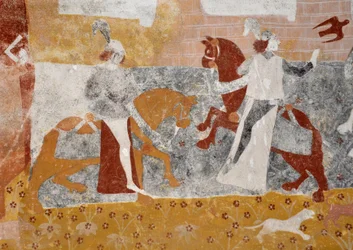 Romansk kunst: Fresker fra begravelseskapellet Sainte Catherine de Jouhet, Vienne, Poitou-Charentes (Poitou Charentes), Frankrike. Møtet mellom de tre levende og tre døde. (Den forteller møtet mellom de tre unge og rike ridderne med tre døde. «hva