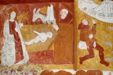 Romansk kunst: Katarinakapellet, Voute i vuggebrisen, Kristi barndom, lidelsen, den siste dom og Kristus i det majestetiske. Fresker fra kirken Notre Dame d#39;Antigny. Vienne, Poitou-Charentes (Poitou Charente), Frankrike.