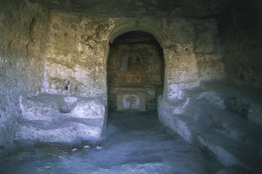 Ruiner av en kirke, Rocky Church, Matera, Basilicata, Italia