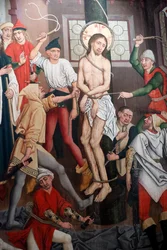 Saint-Pierre le Vieux katolske kirke, Kristus i hans lidenskap, The Flagelation, Maleri av Henri Lutzelman 1400-tallet, Strasbourg, Frankrike. (bilde)