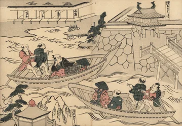 Samurai krysser elven (ved Akasaka Mitsuke) i en båt på vei til Yoshiwara-fornøyelseskvarterene. Tresnitt av Masanobu Okumura (1686–1764) fra Fuzoku Emakimono, Picture Scroll of the Water Trade, Tokyo, opptrykk ca. 1880.