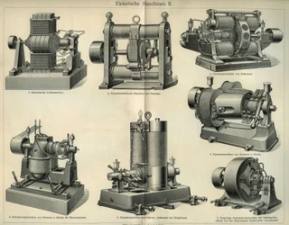 Vitenskaps- og teknologistyre som representerer tyske elektriske maskiner. Illustrasjon hentet fra “Meyers Grosses Konversations - Lexikon””” 1904. Bibliographers Institute, Leipzig og Wien