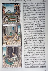 Sett med utsmykninger og keiseres fjærhodeplagg, side fra Florentine Codex, tospråklig versjon på spansk og Nahuatl, General History of Things of New Spain, av den spanske misjonæren Fray Bernardino de Sahagun. Aztekisk sivilisasjon