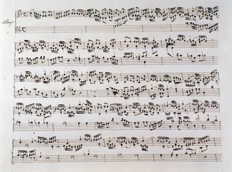 Noter for Händels fuga fra et manuskript som inneholder to verk av Domenico Scarlatti og Friedrich Handel