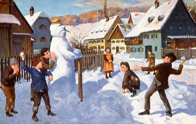 Snømann og lekende barn, ca. 1910 (postkort)
