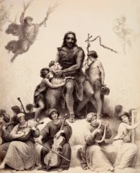 Døperen Johannes sitter omgitt av musikalske engler og kjærtegner et lam på hodet. Illustrasjon av Canto XXXII i Paradiso fra Den guddommelige komedie av Dante Alighieri. Verk av Francesco Scaramuzza dedikert til Firenze kommune.