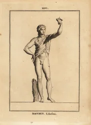 Statue av Bacchus Lenaios, den romerske vinguden, naken men for et løveskind, presser en klase med druer