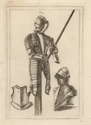 Drakt med vippepanser med stor vakt og lansestøtte fra Tower of London 1, hjelm og stor vakt 2, bryststykke av en kurass 3
