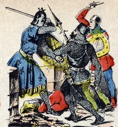 Slaget ved Taillebourg mellom den franske kongen Ludvig IX og hans bror, greven av Poitiers Alphonse, mot armene i deres vasallopprør, Henrik III av England og Hugues X av Lusignan. Bilde fra Epinal, 1800-tallet (gravering)