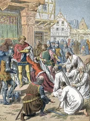 Borgerskapet i Calais, ledet av Eustache de Saint-Pierre, tilbyr seg selv som gisler til Edward III