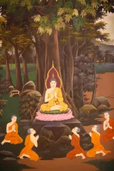 Buddha forkynte sin første preken til de fem munkene, Wall fresco, Wat Botum tempel, Phnom Penh, 2022 (bilde)