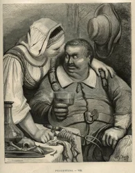 The Little Pouket: trollet og hans kone etter å ha fullført måltidet. Gravering av Gustave Dore (1832-1883) fra "" Les contes"" av Charles Perrault (1628-1703)