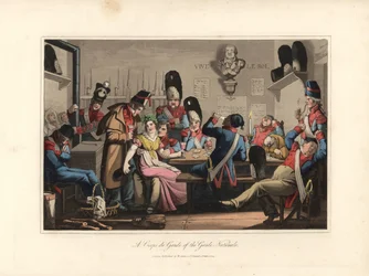 Nasjonalgardistene i vaktstuene, der de drikker med marketentersken og brennevinshandleren, spiller kort og røyker pipe, mens noen sover - Etsning etter en illustrasjon av Victor Auver, fra «En tur gjennom Paris», utgitt av William Sams