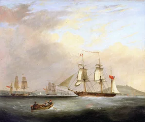 «Sheldrake», et postskip utenfor Falmouth i England, et viktig senter for navigasjon mot vest, omgir båtene «Eclipse» og «Sandwich».