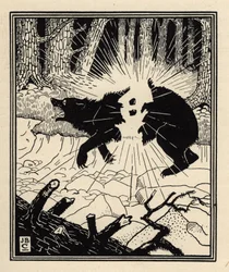 Baronen sprenger en svart bjørn med to flintsteiner. Illustrasjon av William Strang (1859-1921) og J. B. Clark fra «Baron Munchausens eventyr (Munchhausen)» av Rudolf Erich Raspe (1736-1794) (1789)