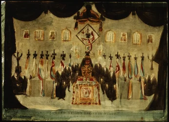 Horatio Nelsons (1758-1805) lik hviler i Painted Hall ved det tidligere Royal Naval College i Greenwich under begravelsen på den tredje dagen; det svarte lakenet som dekker kisten fjernes, og vakter kledd i svart står på hver side