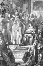 Kroningen av Rudolf 1. av Habsburg (1218-1291) som romernes konge 24. oktober 1273 i Aachen domkirke, Tyskland (Rudolf 1. av Tyskland kronet i Aachen domkirke 24. oktober 1273). Stikk fra «Bilder-Gallerie zur allgem» av Rotteck, 1843, Priva