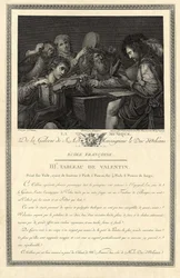 Musikken. Gravering av galleriet til Hans Eksellense hertugen av Orleans etter et maleri av maleren Le Valentin.