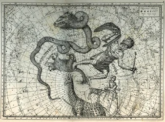 De nærliggende stjernebildene på Nordpolen: Lille bjørn, Drage, Cephee, Giraffe, Reinsdyr og Messier. Gravering fra Camille Flammarions "The Stars and Other Curiosities of the Sky"