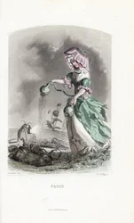 Valmueavgiften drysser opiumskapsler på gresshopper og gresshopper - Eau forte av Charles Geoffroy (1819-1882), basert på en illustrasjon av Jean Ignace Isidore Gerard dit JJGranville (1803-1847), for Les fleurs animées