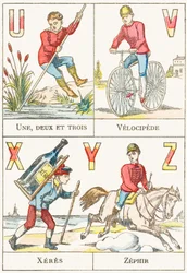 U V X Y Z; U: En, to og tre; V: Velocipede; X: sherry; Z: Zephir - Spillalfabet, ca. 1890 (gravering)
