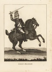 Uniform av Light Dragoon-kavaleri, med sverd, muskett og hjelm
