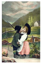 Valentinsdag gratulasjonskort "" Gruess Gott"": par bayerske barn gir hverandre et kyss