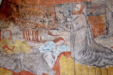 Vault de Lugny kirke. 1500-talls veggmaleri. Kristus i sin lidenskap. Getsemane, ber Jesus, imens hviler disiplene. Frankrike Â