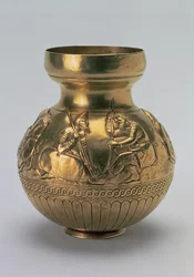 Fartøy som skildrer skytiske krigere, gresk verk fra det bosporanske riket, andre halvdel av det 4. århundre f.Kr. (electrum)