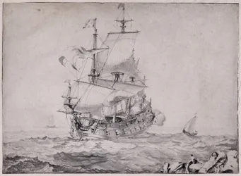 Fartøy til sjøs som skyter kanonene - tegning av Pierre Puget (1620–1694) 1600-tallet Sol 23 x 32,5 cm Musée Grobet Labadie Marseille