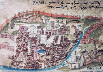 Utsikt over Roma, detalj, akvarellkopi av kart av Leonardo Besozzo, Italia