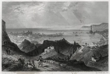 Utsikt over byen og havnen i Genes, eclatante-sitatene, marmorbyen, Genes-la-Superb, i boken om Middelhavet av Louis Enault (1824-1900), en fransk journalist og reisende.