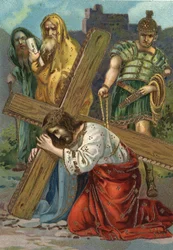 Korsveien - Via crucis - Korsveiens stasjoner: Sjuende stasjon, Jesus faller for andre gang. Kromolitografi. Privat samling
