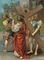 Korsveien - Via Crucis - Korsveistasjoner: andre stasjon, Jesus bærer sitt kors. Kromolitografi. Privat samling
