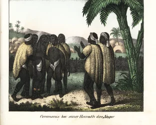 Bryllupsseremoni i en stamme i Senegal. Litografi for boken: «Galerie complete en tableaux fideles des peuples d#39;Afrique» av Friedrich Wilhelm Goedsche (1785–1863), utgave Meissen (Tyskland)