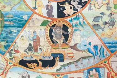 Livets hjul, detaljer, veggmaleri i wat Umong, Chiang Mai, Thailand