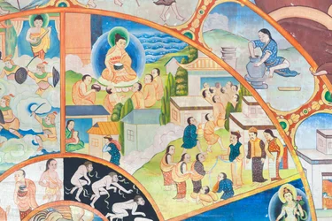 Livets hjul, detaljer, veggmaleri i wat Umong, Chiang Mai, Thailand